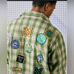 NWT MARKET Green Plaid Flannel Button Down Patch Shirt Jacket - Size Small